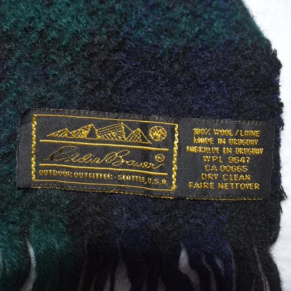 Eddie Bauer Mens Plaid Short Scarf Fringed 100% Wool 48X9 Academia Preppy Vtg